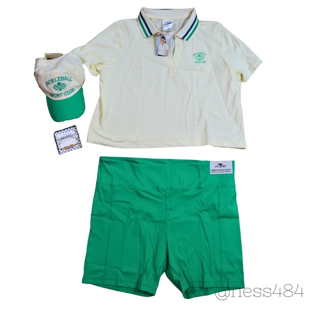 Crane Pickleball Sport Club Women's Set Polo Shirt Shorts Hat Bracelet